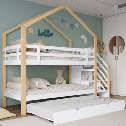 Okwish Lit Superposé 90x200 & 90x190 cm - Lit enfant avec Protection, Lit Cabane avec Échelle, Lit en Bois Naturel et Blanc, Sans Matelas*Enfant Lit Enfant