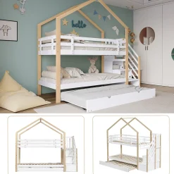 Okwish Lit Superposé 90x200 & 90x190 cm - Lit enfant avec Protection, Lit Cabane avec Échelle, Lit en Bois Naturel et Blanc, Sans Matelas*Enfant Lit Enfant