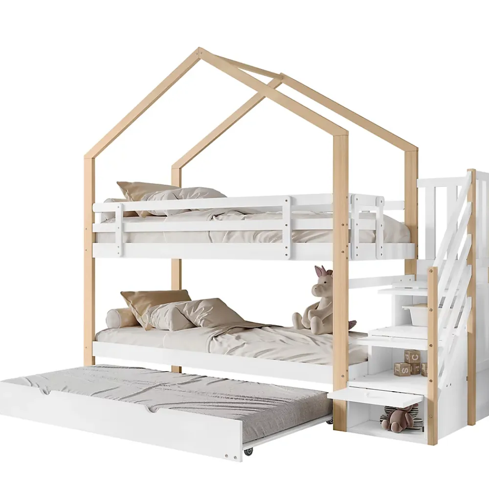 Okwish Lit Superposé 90x200 & 90x190 cm - Lit enfant avec Protection, Lit Cabane avec Échelle, Lit en Bois Naturel et Blanc, Sans Matelas*Enfant Lit Enfant