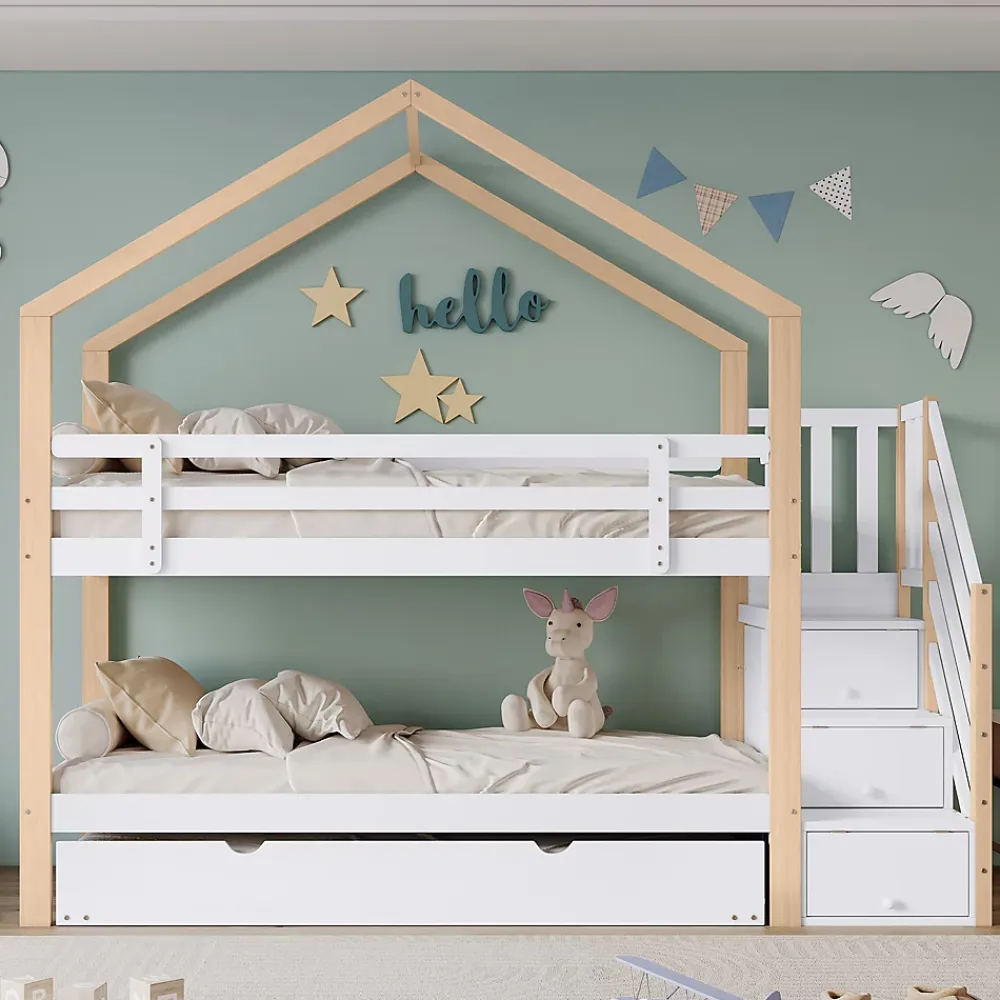 Okwish Lit Superposé 90x200 & 90x190 cm - Lit enfant avec Protection, Lit Cabane avec Échelle, Lit en Bois Naturel et Blanc, Sans Matelas*Enfant Lit Enfant