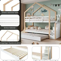 Okwish Lit Superposé 90x200 & 90x190 cm - Lit enfant avec Protection, Lit Cabane avec Échelle, Lit en Bois Naturel et Blanc, Sans Matelas*Enfant Lit Enfant