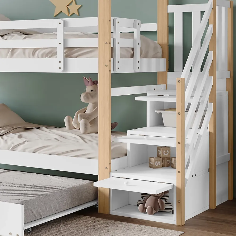 Okwish Lit Superposé 90x200 & 90x190 cm - Lit enfant avec Protection, Lit Cabane avec Échelle, Lit en Bois Naturel et Blanc, Sans Matelas*Enfant Lit Enfant