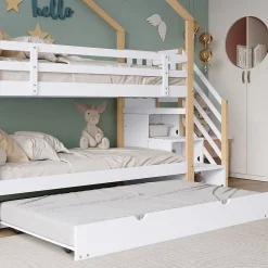 Okwish Lit Superposé 90x200 & 90x190 cm - Lit enfant avec Protection, Lit Cabane avec Échelle, Lit en Bois Naturel et Blanc, Sans Matelas*Enfant Lit Enfant