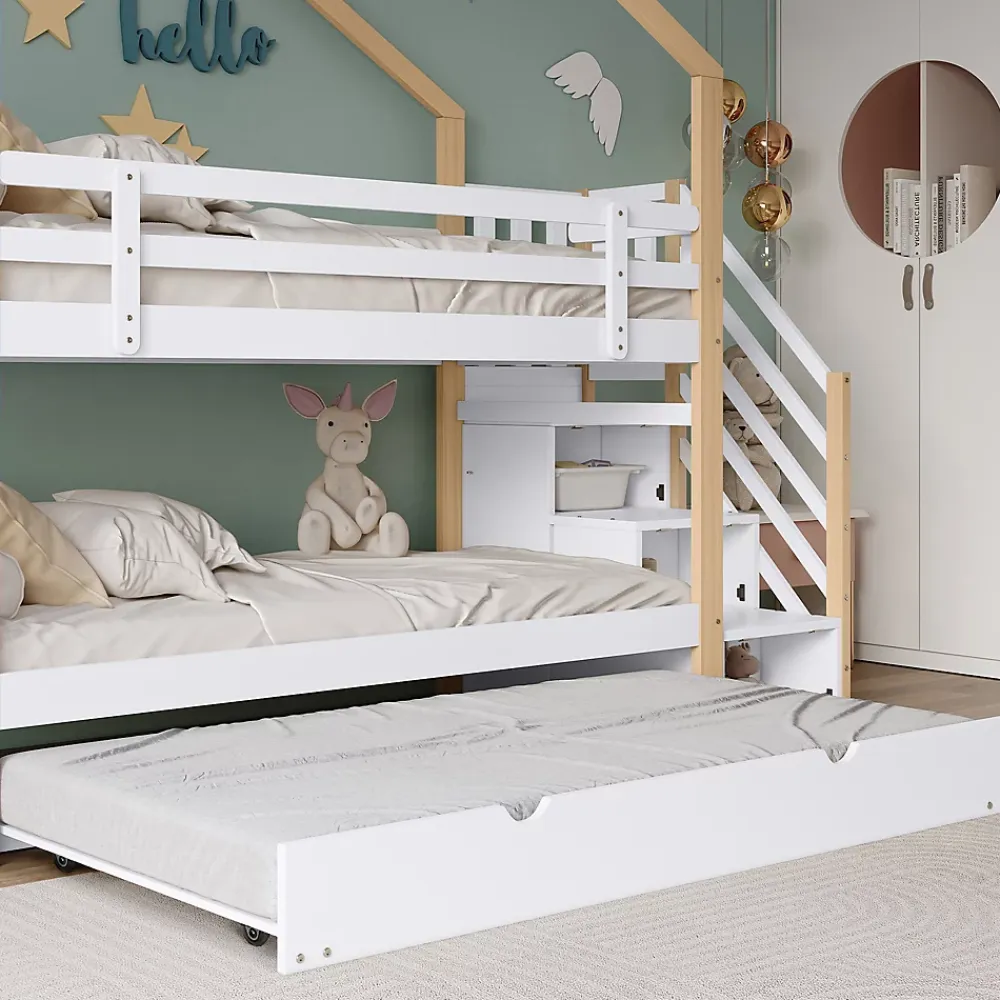Okwish Lit Superposé 90x200 & 90x190 cm - Lit enfant avec Protection, Lit Cabane avec Échelle, Lit en Bois Naturel et Blanc, Sans Matelas*Enfant Lit Enfant