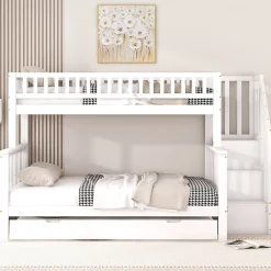 Lit superposé 90x200 / 140x200 cm avec lit gigogne et sommier à lattes inclus en pin blanc>Redom Outlet