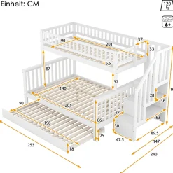 Lit superposé 90x200 / 140x200 cm avec lit gigogne et sommier à lattes inclus en pin blanc><noscript><img width=