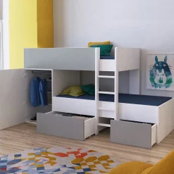 Lit superposé 90x190 avec armoire et tiroirs TWEEL Gris et Blanc incl. 2 sommiers><noscript><img width=