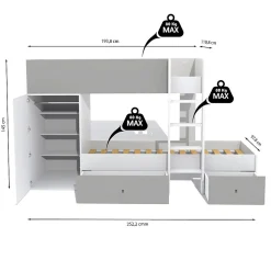 Lit superposé 90x190 avec armoire et tiroirs TWEEL Gris et Blanc incl. 2 sommiers><noscript><img width=