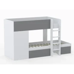 Lit superposé 90x190 avec armoire et tiroirs TWEEL Gris et Blanc incl. 2 sommiers><noscript><img width=