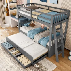 Lit Superposé 90x200 Cm - avec Lit Gigogne et 3 Tiroirs, Sans Matelas - Pin et MDF, Gris>Okwish