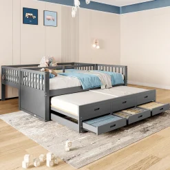 Lit Superposé 90x200 Cm - avec Lit Gigogne et 3 Tiroirs, Sans Matelas - Pin et MDF, Gris><noscript><img width=