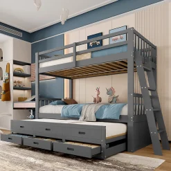 Lit Superposé 90x200 Cm - avec Lit Gigogne et 3 Tiroirs, Sans Matelas - Pin et MDF, Gris><noscript><img width=