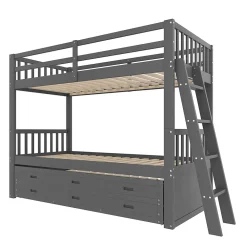Lit Superposé 90x200 Cm - avec Lit Gigogne et 3 Tiroirs, Sans Matelas - Pin et MDF, Gris><noscript><img width=