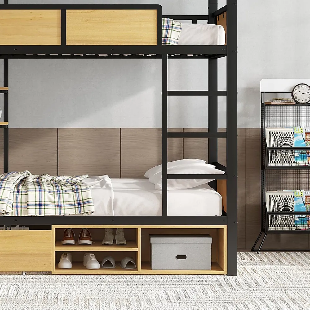 Okwish Lit superposé 90x200 cm - Lit avec échelle large et rangements latéraux - Métal + MDF - Sans matelas - Noir*Enfant Lit Enfant