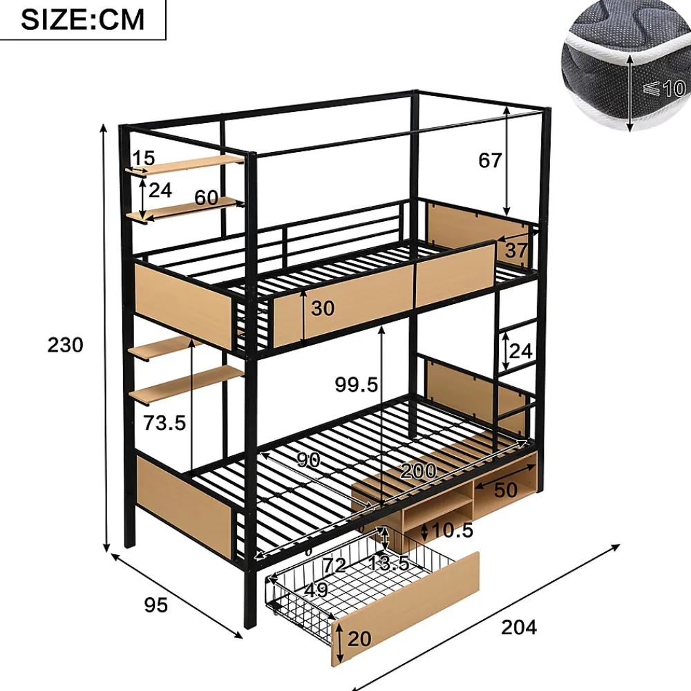 Okwish Lit superposé 90x200 cm - Lit avec échelle large et rangements latéraux - Métal + MDF - Sans matelas - Noir*Enfant Lit Enfant