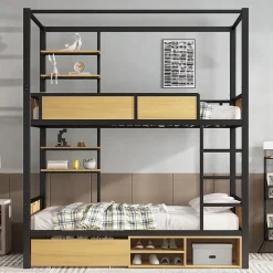 Okwish Lit superposé 90x200 cm - Lit avec échelle large et rangements latéraux - Métal + MDF - Sans matelas - Noir*Enfant Lit Enfant