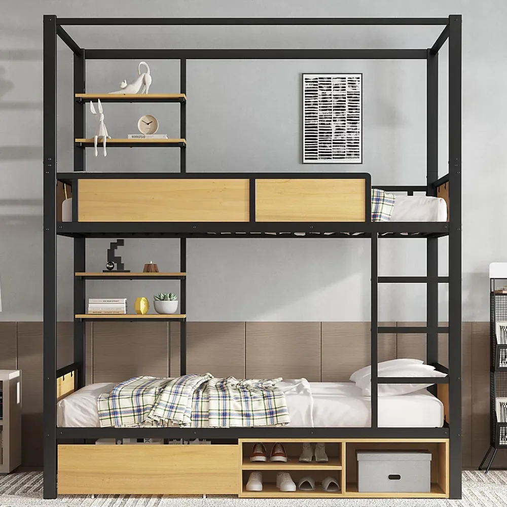 Okwish Lit superposé 90x200 cm - Lit avec échelle large et rangements latéraux - Métal + MDF - Sans matelas - Noir*Enfant Lit Enfant