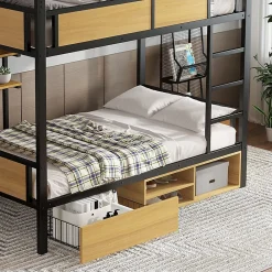 Okwish Lit superposé 90x200 cm - Lit avec échelle large et rangements latéraux - Métal + MDF - Sans matelas - Noir*Enfant Lit Enfant