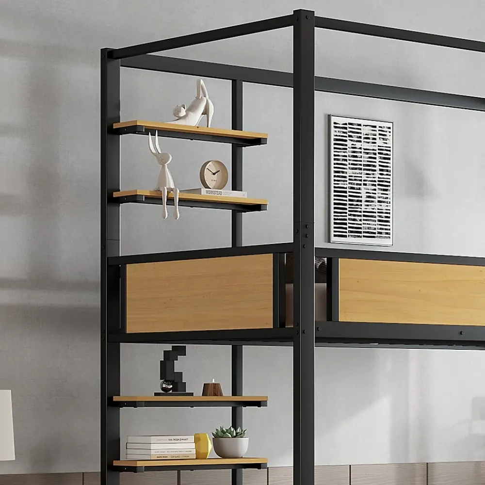 Okwish Lit superposé 90x200 cm - Lit avec échelle large et rangements latéraux - Métal + MDF - Sans matelas - Noir*Enfant Lit Enfant
