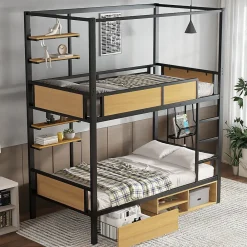 Okwish Lit superposé 90x200 cm - Lit avec échelle large et rangements latéraux - Métal + MDF - Sans matelas - Noir*Enfant Lit Enfant