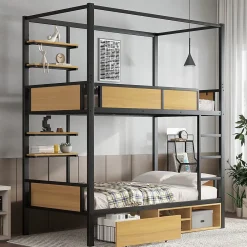 Okwish Lit superposé 90x200 cm - Lit avec échelle large et rangements latéraux - Métal + MDF - Sans matelas - Noir*Enfant Lit Enfant