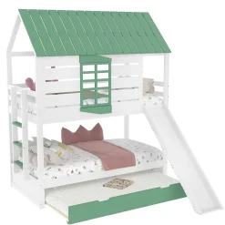 Okwish Lit superposé 90x200 cm - Lit avec Rutsche et lit escamotable - MDF et Pin - Sans matelas - Vert*Enfant Lit Enfant