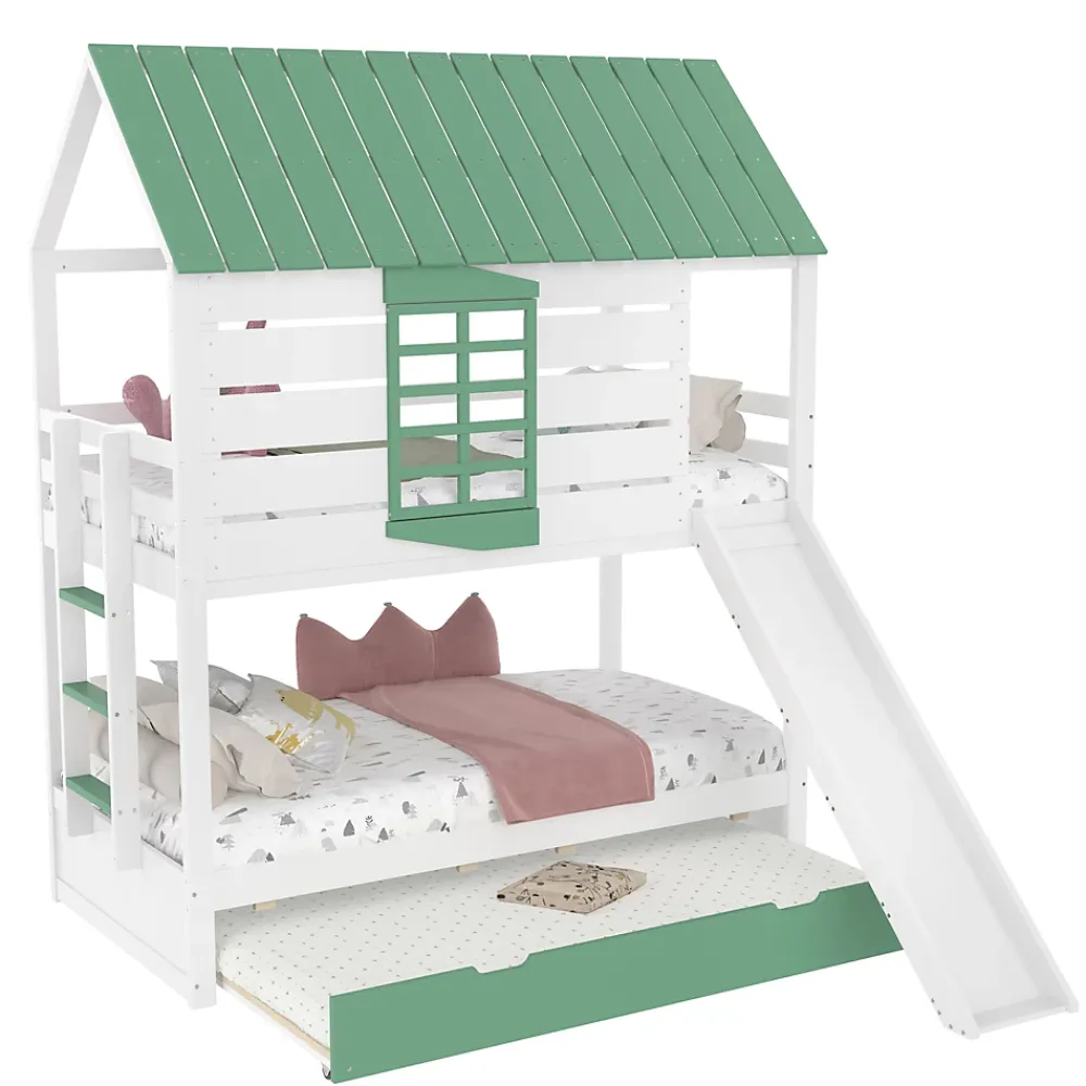 Okwish Lit superposé 90x200 cm - Lit avec Rutsche et lit escamotable - MDF et Pin - Sans matelas - Vert*Enfant Lit Enfant