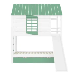 Okwish Lit superposé 90x200 cm - Lit avec Rutsche et lit escamotable - MDF et Pin - Sans matelas - Vert*Enfant Lit Enfant