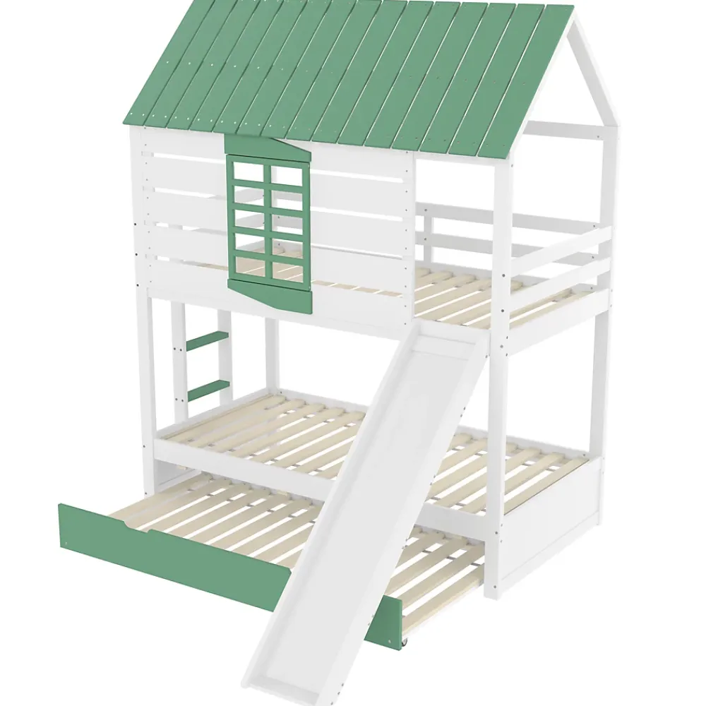Okwish Lit superposé 90x200 cm - Lit avec Rutsche et lit escamotable - MDF et Pin - Sans matelas - Vert*Enfant Lit Enfant