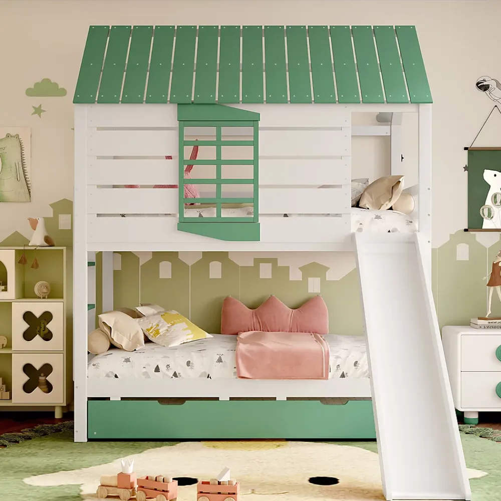 Okwish Lit superposé 90x200 cm - Lit avec Rutsche et lit escamotable - MDF et Pin - Sans matelas - Vert*Enfant Lit Enfant