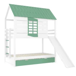 Okwish Lit superposé 90x200 cm - Lit avec Rutsche et lit escamotable - MDF et Pin - Sans matelas - Vert*Enfant Lit Enfant