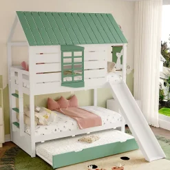 Okwish Lit superposé 90x200 cm - Lit avec Rutsche et lit escamotable - MDF et Pin - Sans matelas - Vert*Enfant Lit Enfant