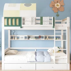 Okwish Lit Superposé 90x200 cm - Lit Cabane enfant avec Petite Tente, Échelle et 2 Tiroirs à Roulettes, Bois de Pin, Blanc, Sans Matelas*Enfant Lit Enfant