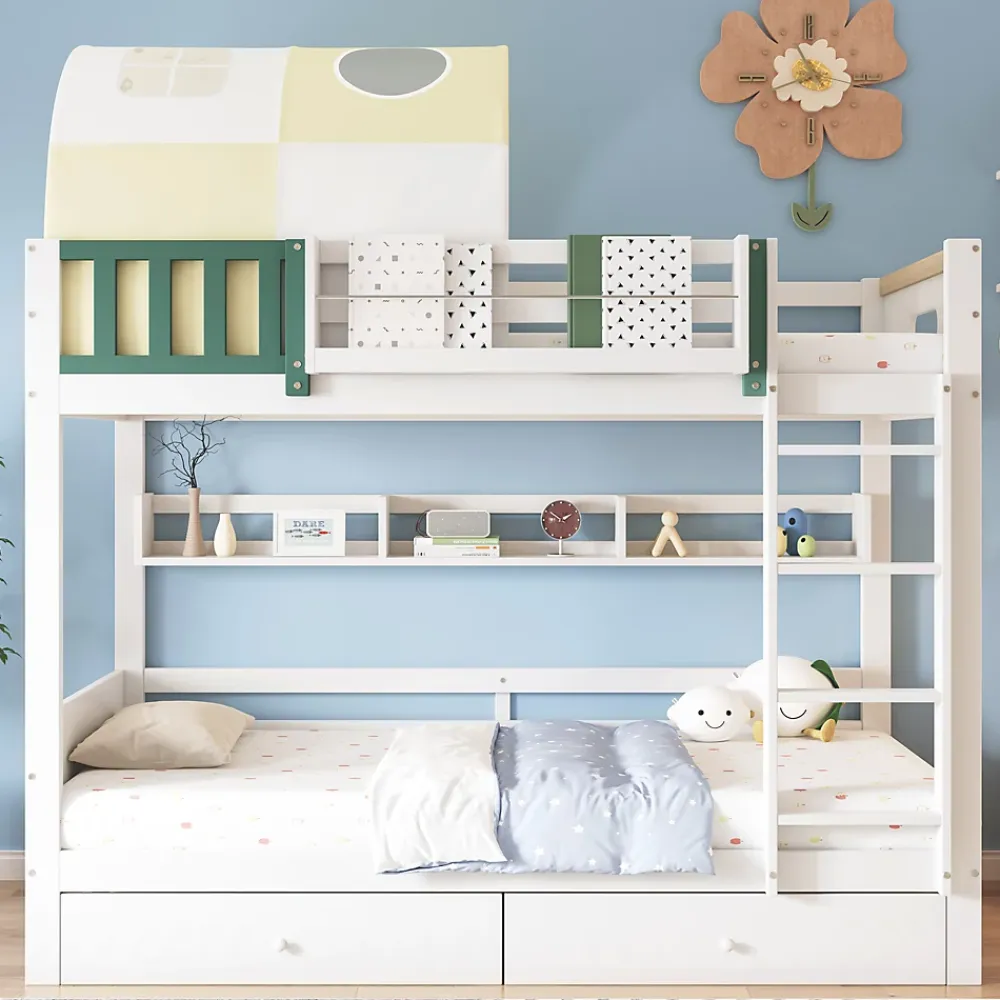 Okwish Lit Superposé 90x200 cm - Lit Cabane enfant avec Petite Tente, Échelle et 2 Tiroirs à Roulettes, Bois de Pin, Blanc, Sans Matelas*Enfant Lit Enfant