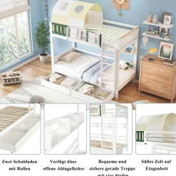 Okwish Lit Superposé 90x200 cm - Lit Cabane enfant avec Petite Tente, Échelle et 2 Tiroirs à Roulettes, Bois de Pin, Blanc, Sans Matelas*Enfant Lit Enfant