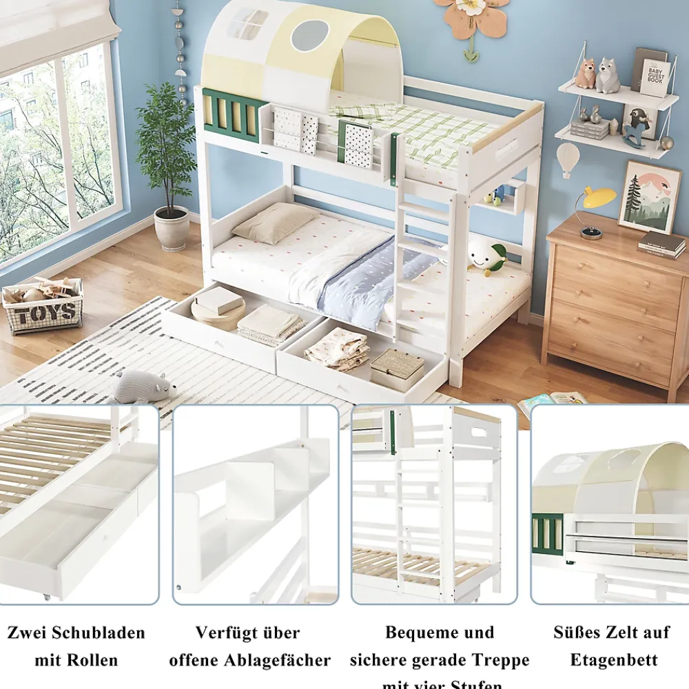 Okwish Lit Superposé 90x200 cm - Lit Cabane enfant avec Petite Tente, Échelle et 2 Tiroirs à Roulettes, Bois de Pin, Blanc, Sans Matelas*Enfant Lit Enfant