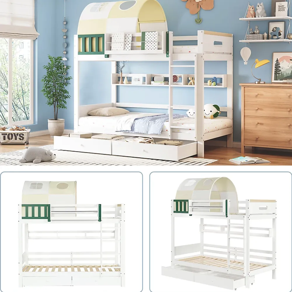 Okwish Lit Superposé 90x200 cm - Lit Cabane enfant avec Petite Tente, Échelle et 2 Tiroirs à Roulettes, Bois de Pin, Blanc, Sans Matelas*Enfant Lit Enfant