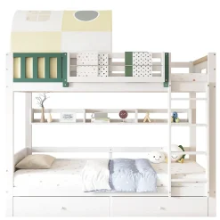 Okwish Lit Superposé 90x200 cm - Lit Cabane enfant avec Petite Tente, Échelle et 2 Tiroirs à Roulettes, Bois de Pin, Blanc, Sans Matelas*Enfant Lit Enfant