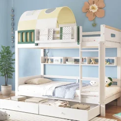 Okwish Lit Superposé 90x200 cm - Lit Cabane enfant avec Petite Tente, Échelle et 2 Tiroirs à Roulettes, Bois de Pin, Blanc, Sans Matelas*Enfant Lit Enfant