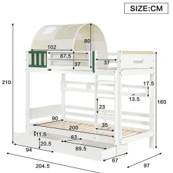 Okwish Lit Superposé 90x200 cm - Lit Cabane enfant avec Petite Tente, Échelle et 2 Tiroirs à Roulettes, Bois de Pin, Blanc, Sans Matelas*Enfant Lit Enfant