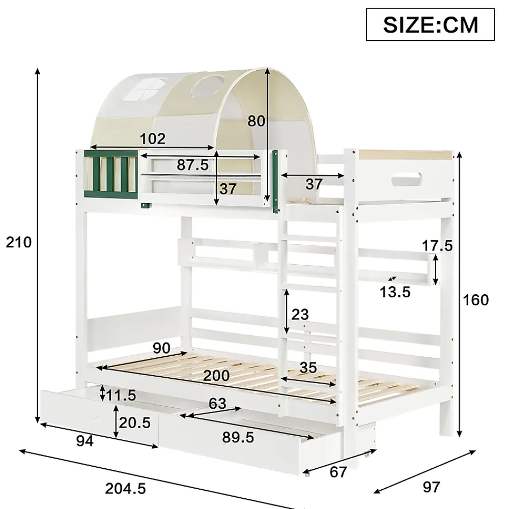Okwish Lit Superposé 90x200 cm - Lit Cabane enfant avec Petite Tente, Échelle et 2 Tiroirs à Roulettes, Bois de Pin, Blanc, Sans Matelas*Enfant Lit Enfant
