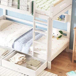 Okwish Lit Superposé 90x200 cm - Lit Cabane enfant avec Petite Tente, Échelle et 2 Tiroirs à Roulettes, Bois de Pin, Blanc, Sans Matelas*Enfant Lit Enfant