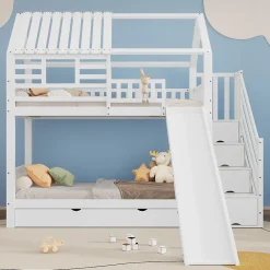 Lit Superposé 90x200 cm - Lit Cabane enfant avec Lit Gigogne, Toboggan et Rangement - Bois Pin, MDF et Contreplaqué - Blanc>Okwish Best