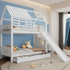 Lit Superposé 90x200 cm - Lit Cabane enfant avec Lit Gigogne, Toboggan et Rangement - Bois Pin, MDF et Contreplaqué - Blanc>Okwish Best