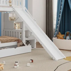 Lit Superposé 90x200 cm - Lit Cabane enfant avec Lit Gigogne, Toboggan et Rangement - Bois Pin, MDF et Contreplaqué - Blanc><noscript><img width=
