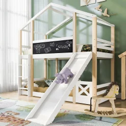 Lit superposé 90x200 cm - Lit cabane enfant avec toboggan et échelle - Bois massif - Sommier extensible - Sans matelas - Blanc>Okwish Best