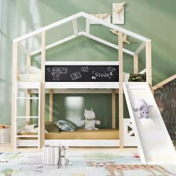 Lit superposé 90x200 cm - Lit cabane enfant avec toboggan et échelle - Bois massif - Sommier extensible - Sans matelas - Blanc>Okwish Best