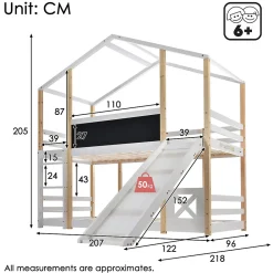 Lit superposé 90x200 cm - Lit cabane enfant avec toboggan et échelle - Bois massif - Sommier extensible - Sans matelas - Blanc><noscript><img width=