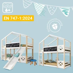 Lit superposé 90x200 cm - Lit cabane enfant avec toboggan et échelle - Bois massif - Sommier extensible - Sans matelas - Blanc><noscript><img width=