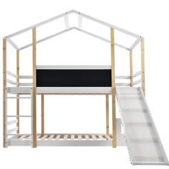 Lit superposé 90x200 cm - Lit cabane enfant avec toboggan et échelle - Bois massif - Sommier extensible - Sans matelas - Blanc><noscript><img width=